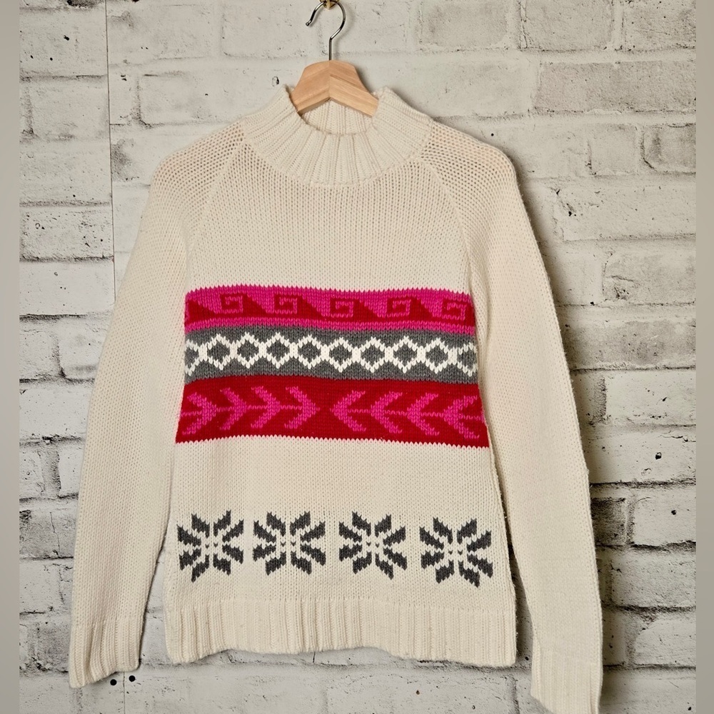 Vintage Nordic Fair Isle Knit Sweater Cream Pink Red – Size 46